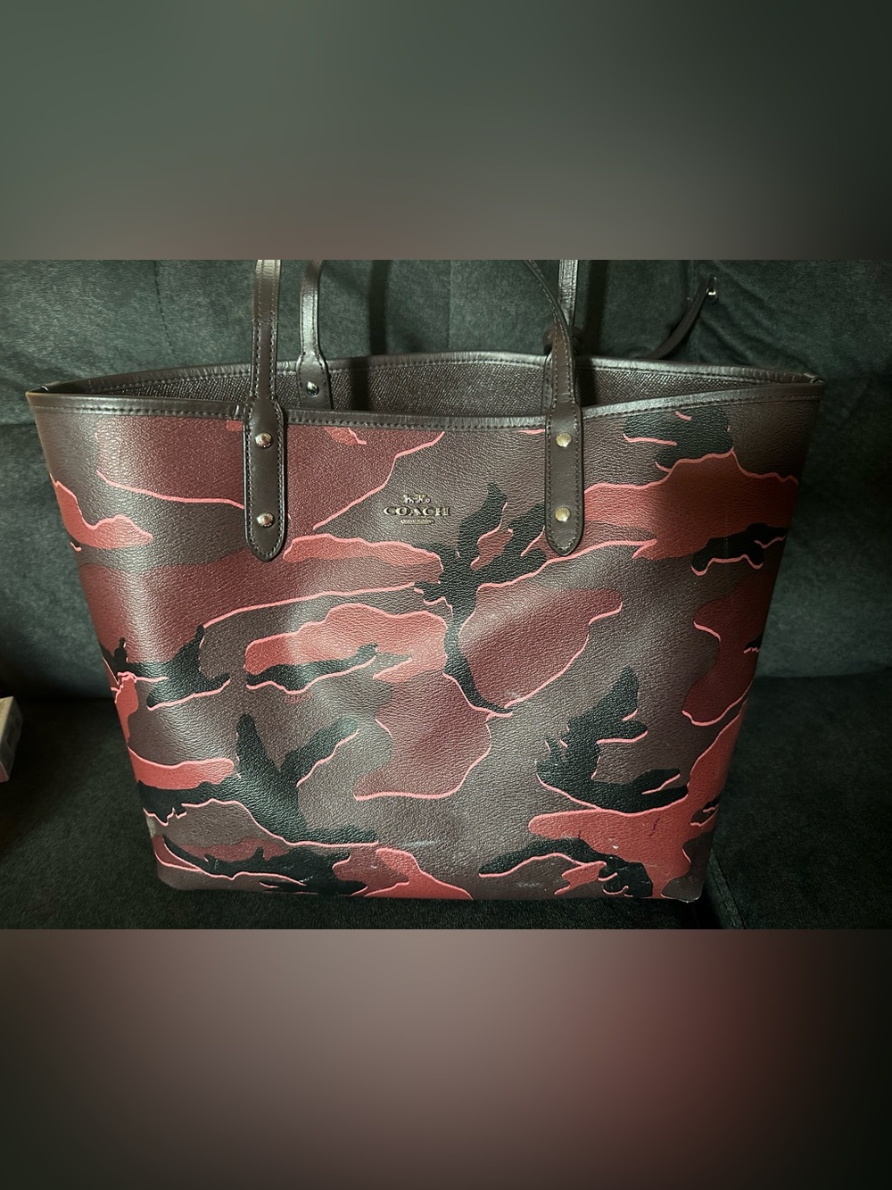 COACH Tote Bag RED Camouflage/Maroon reversible tote purse F31451